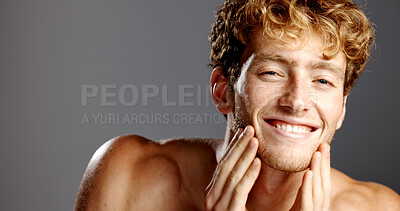 Buy stock photo Portrait, man and skincare with beauty in studio for natural glow, facial treatment and results. Happy, male person and confidence with dermatology shine, hair removal and wellness on gray background