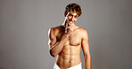 Portrait, man and happy for skincare in studio of natural beauty, facial treatment and results. Confident, male person and topless for dermatology glow, grooming routine and muscle on gray background