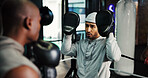 Man, boxing and coach for punch at gym for power, challenge or martial arts training. Person, athlete and workout with personal trainer for fight, combat sport or advice with exercise at fitness club