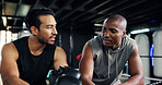 Friends, boxing ring and men on break for fitness, sports or training advice in health club. Gym, boxer and resting together with athlete for fight technique, exercise or coaching with conversation