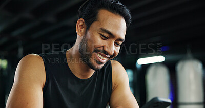 Buy stock photo Fitness, happy man and phone in gym for contact, training meme or latest sports news on break. Boxer, rest and mobile at wellness club for social media, status update and funny post on exercise forum