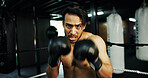 Boxing, athlete and portrait for fight at gym with sparring, self defense and champion attitude. Combat, sports and POV with man, punching and competition for fitness and match performance energy