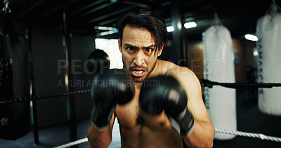 Buy stock photo Boxing, athlete and portrait for fight at gym with sparring, self defense and champion attitude. Combat, sports and POV with man, punching and competition for fitness and match performance energy