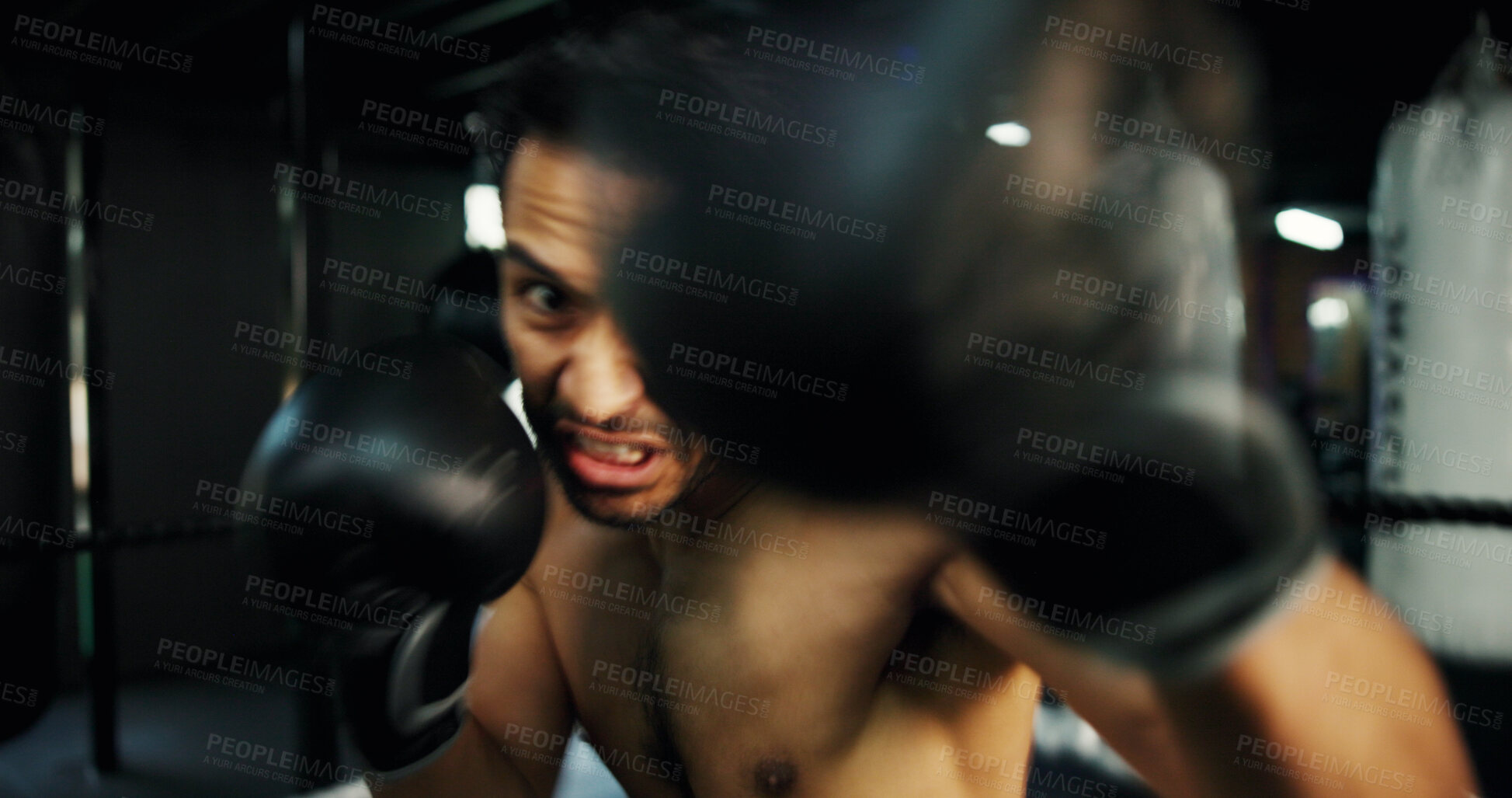 Buy stock photo Boxing, man and training with fitness, fight and challenge with power, exercise and defence. Person, gloves and boxer in gym, sparring practice and battle competition with pov, punch and workout
