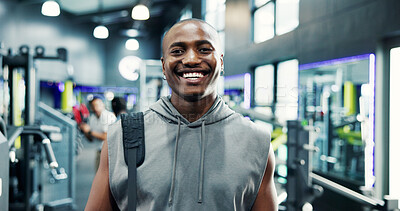 Buy stock photo Smile, confident and portrait of black man in gym for workout, fitness or exercise for wellness. Happy, health and face of African male athlete from Nigeria with pride for training in sports center.