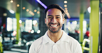 Buy stock photo Gym manager, happy and man with portrait for membership service, fitness career and confidence. About us, professional and smile at sports club for customer satisfaction and equipment maintenance