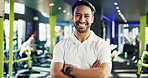 Happy, gym manager or portrait with arms crossed for facility management, wellness service or pride. About us, professional and smile at sports club for customer satisfaction or equipment maintenance