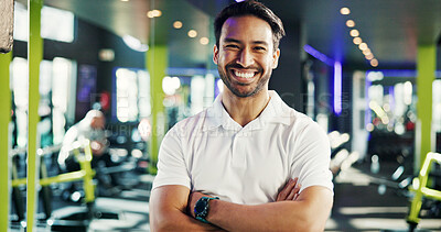 Buy stock photo Happy, gym manager or portrait with arms crossed for facility management, wellness service or pride. About us, professional and smile at sports club for customer satisfaction or equipment maintenance