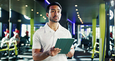 Buy stock photo Manager, tablet and thinking with man in gym for membership application, planning or sign up schedule. Idea, tech and vision with health club owner in training facility for exercise or fitness