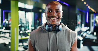 Buy stock photo Happy, pride and portrait of black man in gym for workout, fitness or exercise for wellness. Smile, health and face of African male athlete from Nigeria with confidence for training in sports center.