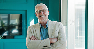 Buy stock photo Man, portrait and confident in office for business, company representative and about us. Mature CEO, glasses and arms crossed at window for career pride, corporate workplace and employer with smile