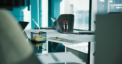 Buy stock photo Laptop, desk and documents in empty office for meeting, discussion or boardroom for planning. Paperwork, markers and technology for corporate interior with furniture and chairs in workplace.