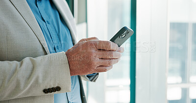 Buy stock photo Hands, investment or businessman in office with phone, online research or economy website. News, check or financial advisor in company with mobile app for text message, finance report or email update