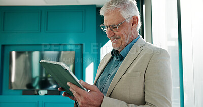 Buy stock photo Office, tablet and mature business man for online website, finance report and investment research. Corporate, professional and person on digital tech for financial review, networking and planning