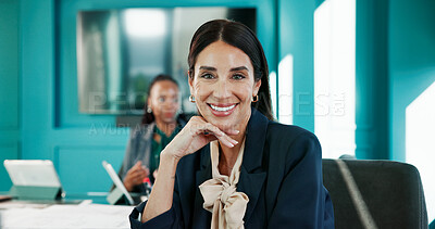 Buy stock photo Accounting, portrait and smile of business woman at desk in office for finance or investment. Consultant, corporate and trading with mature employee in workplace for financial or wealth management