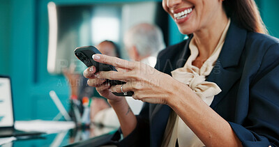 Buy stock photo Hands, corporate and woman with phone in office for financial report, reading email and proposal. Happy, female person and mobile app in meeting for schedule, budget update and feedback on investment