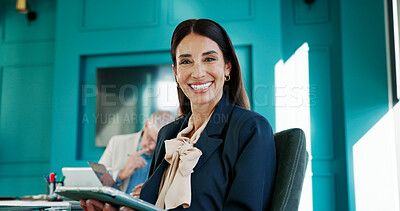 Buy stock photo Office, tablet and portrait of business woman for online website, finance report and research. Corporate, professional and person on digital tech for financial review, investment advisor and planning