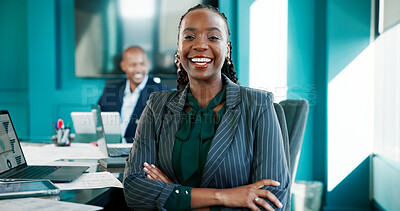 Buy stock photo Arms crossed, portrait and smile of business black woman at desk in office for finance or investment. Accounting, corporate and trading with happy employee at work for financial or wealth management