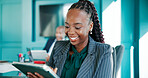 Woman, tablet and finance meeting at office, smile or scroll for review at accounting agency. Business people, employee or happy with tech for feedback, audit or app in boardroom at corporate company