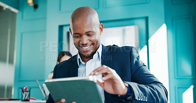 Buy stock photo Man, tablet and typing at finance meeting in office, smile or review with app for results at agency. Business person, employee or happy with tech, feedback and audit in boardroom at corporate company