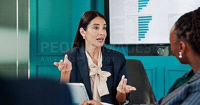 Buy stock photo Accounting, collaboration and finance with business people in office for investment or trading. Conversation, tablet and wealth management with corporate employee team in workplace for discussion