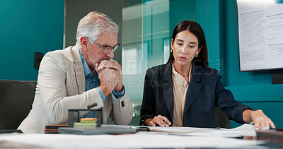 Buy stock photo Collaboration, finance and thinking with business people in office for investment or trading. Accounting, reading and wealth management with corporate employee team in workplace for discussion
