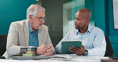Buy stock photo Financial, meeting and tablet with business men in office for investment, planning or trading. Accounting, collaboration and conversation with finance people in workplace for wealth management