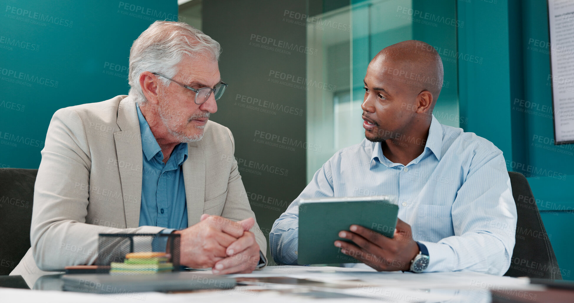Buy stock photo Financial, meeting and tablet with business men in office for investment, planning or trading. Accounting, collaboration and conversation with finance people in workplace for wealth management