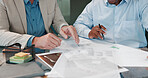 Documents, meeting and teamwork with hands of business people for planning, budget report and account. Revenue committee, paperwork and collaboration with employees in office for discussion review