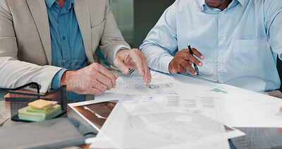 Buy stock photo Documents, meeting and teamwork with hands of business people for planning, budget report and account. Revenue committee, paperwork and collaboration with employees in office for discussion review