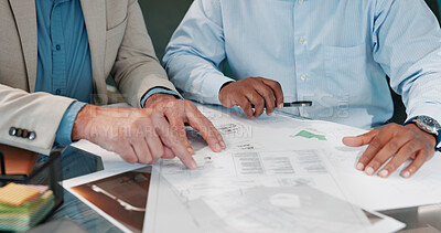 Buy stock photo Documents, blueprint and teamwork with hands of business people for meeting, site plan budget and research. Project revenue, paperwork and collaboration with employees in office for layout review