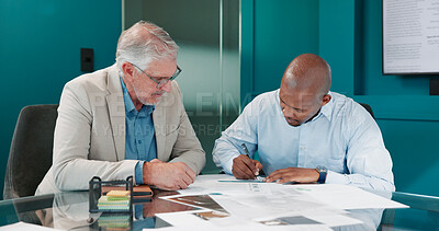 Buy stock photo Business men, documents and signature at meeting, deal and b2b collaboration at financial agency. People, partnership and contract for agreement, paperwork or writing in boardroom at corporate office