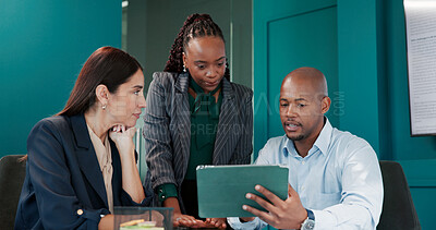 Buy stock photo Business, people and reading on tablet in office for research, planning and finance proposal. Staff, teamwork and digital for brainstorming, financial feedback and information for investment company