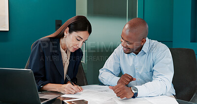 Buy stock photo Finance, sign and business people with contract in office for b2b deal, legal advice or documents. Paperwork, lawyer and partnership in meeting with financial advisor, client or application agreement
