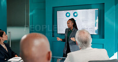Buy stock photo Woman, presentation and screen at meeting with charts, discussion or review at finance agency. Person, speaker and operations manager by monitor for feedback, statistics or problem solving at company