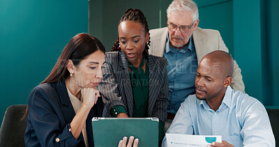 Buy stock photo Business, people and meeting with tablet in office for research, planning and finance proposal. Staff, teamwork and digital for brainstorming, reading feedback and information for investment company
