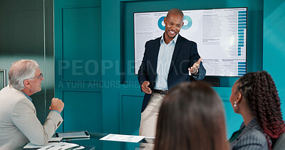 Buy stock photo Man, presentation and happy at meeting with charts, discussion or review at finance agency. Person, speaker and operations manager by monitor for feedback, stats and solution for company efficiency