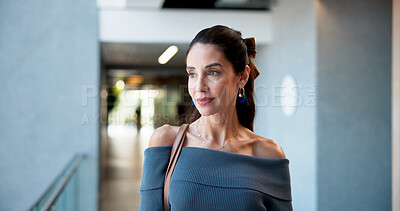 Buy stock photo Ideas, thinking or business woman in lobby for finance solution, career insight or vision. Workplace, remember and accountant waiting in hallway for financial project, work tasks and job opportunity