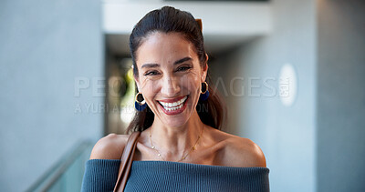 Buy stock photo Portrait, laugh and conference with business woman for about us, stock broker speaker and pride. Seminar expo, professional and financial advisor with person in office for comedy and opportunity