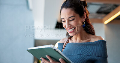 Buy stock photo Happy, business and woman on tablet in office for research, booking flight and information for travel. Smile, female person and digital for schedule, online ticket and browsing website for work trip