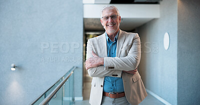 Buy stock photo Portrait, business and man with arms crossed, smile and confident personality with accounting. Mature person, employee and financial advisor in workplace, happiness and career ambition with pride