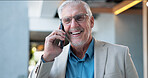 Phone call, chat and man with smile, office and networking with investor for opportunity or talking. Happy, entrepreneur and mature person with ideas for business growth, mobile and pitch to contact