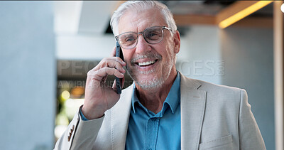 Buy stock photo Phone call, chat and man with smile, office and networking with investor for opportunity or talking. Happy, entrepreneur and mature person with ideas for business growth, mobile and pitch to contact
