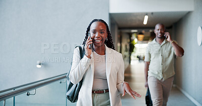 Buy stock photo Office, lobby and woman with phone call for business trip, walking and online communication. Travel, female person and accommodation planning with review for schedule, meeting booking and confidence