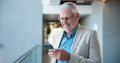 Buy stock photo Business, cellphone and man in office, typing and social media with communication. Mature person, employee or professional with smartphone, laughing or mobile user with connection, app or funny meme