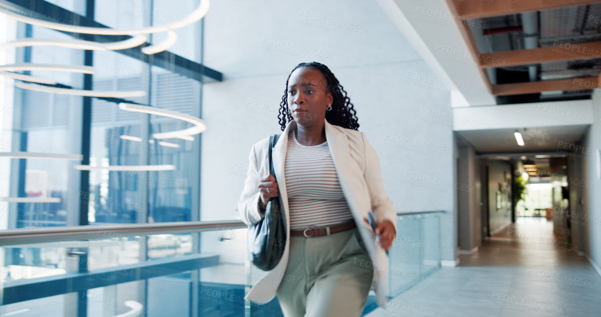 Buy stock photo Employee, woman and late for meeting, running and hurry for urgent appointment, stress and business. Rush, morning and black person with anxiety for delay, quick and panic for mistake or worry