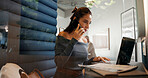 Business woman, laptop and phone call in office booth for financial advice or network connection. Female person, accountant or talking on mobile smartphone or computer for finance help or negotiation