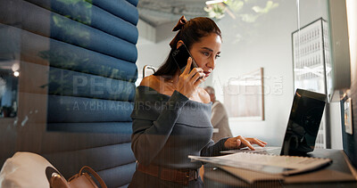 Buy stock photo Business woman, laptop and phone call in office booth for financial advice or network connection. Female person, accountant or talking on mobile smartphone or computer for finance help or negotiation