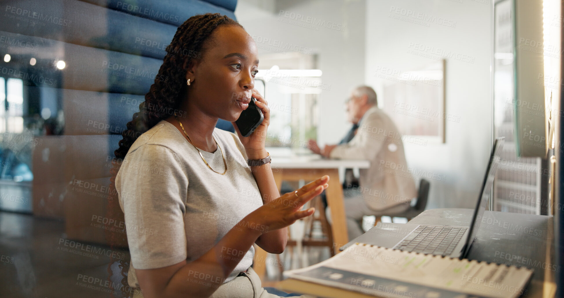 Buy stock photo Business woman, laptop and phone call in booth for financial advice or insurance policy in office. Female person, accountant or talking on mobile smartphone or computer for finance help or assistance