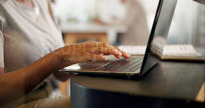 Buy stock photo Hands, laptop and woman typing online for creative project, research or writing article as reporter. Investigation, report and female employee with technology for story, information or source